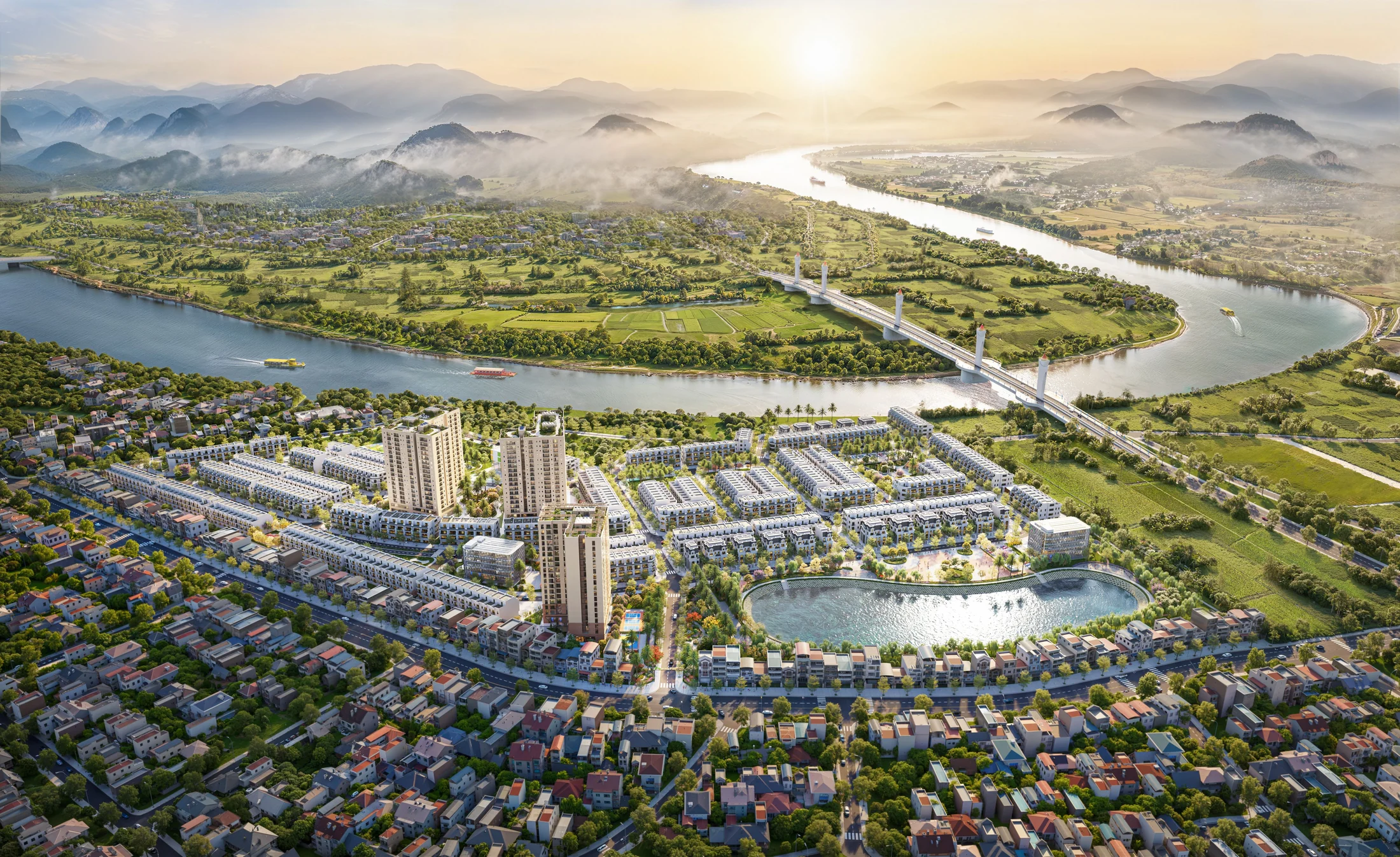 Phối cảnh tổng thể Sơn Phúc Green City nhìn từ trục đường chính
